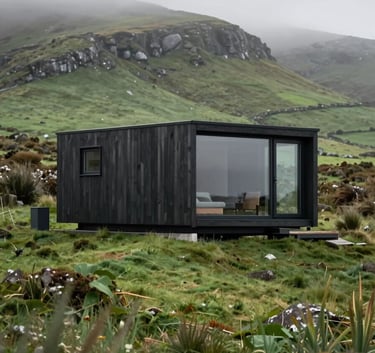Exterior shot of a sleek, contemporary modular cabin made of dark timber and glass, nestled in the rolling green hills of Ireland, morning mist, professional architectural photography.