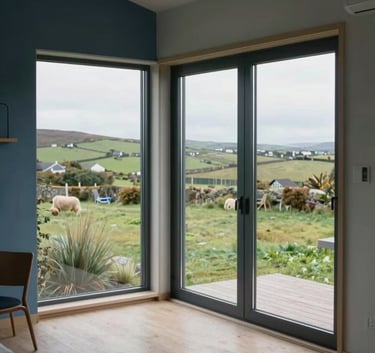 High-angle shot of a minimalist, modern modular home interior with large glass windows showing the Irish countryside, slate blue and light blue accents in the decor, soft natural light, Northern European style.