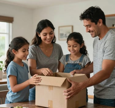 Photography of a happy family in a South American / Latin home opening a large delivered package. Warm indoor lighting, clean and modern home setting, palette of soft greys and blues.