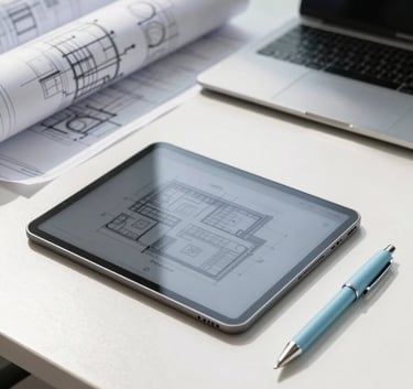 A professional architectural workspace in Brazil featuring a large HVAC blueprint, a modern digital tablet, and a light blue technical pen on a clean white desk, bright morning light.