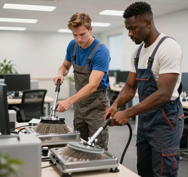A close-up high-detail photograph of a professional industrial floor scrubber being operated on a dark navy and gray polished floor in a North American factory setting.