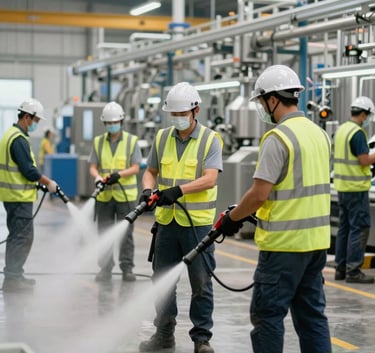 Professional cleaning crew wearing safety vests and protective gear performing high-pressure sanitization in a large North American manufacturing plant, bright and professional atmosphere.