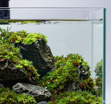A high-end, rimless glass aquarium featuring a lush Iwagumi style layout with vibrant green moss and dark stones. Crystal clear water with a gentle ripple on the surface against a soft #EDF3F1 background, embodying sophisticated aquatic harmony.