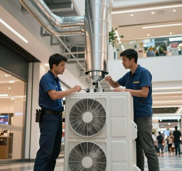 A professional inspection of a central air conditioning system ducting in a modern South American shopping mall, focusing on hygiene and efficiency, clean lines, professional architectural style.