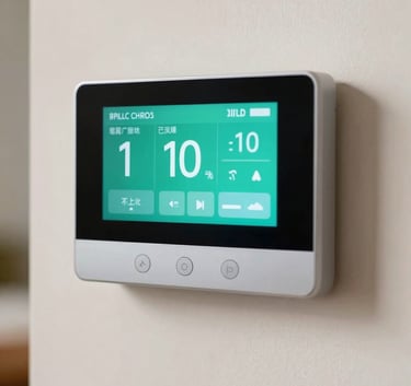 Close-up of a modern smart thermostat displaying efficient emerald green settings on a soft off-white wall in a North American / US home interior.