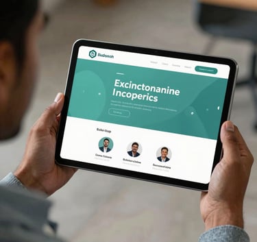 A sleek tablet showing a modern educational platform interface, held by a professional in a South Asian / Indian corporate setting with Muted Teal decor.