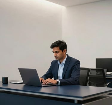 A professional in a modern South Asian / Indian office working on a sleek laptop, Soft Arctic White walls, Deep Navy desk accents, sophisticated lighting, wide angle.