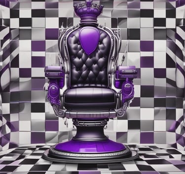 A welcoming barber chair with black and purple accents reflecting a modern chess vibe.