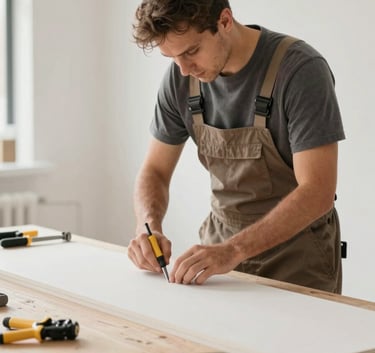 Professional craftsman in action, focusing on detail during a luxury apartment fit-out, bright and clean workspace, professional tools, brand colors #6B5B4F visible in materials.