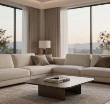 A minimalist and sophisticated living room scene with high-end furniture, featuring a palette of #6B5B4F and #F2ECE7, soft evening light coming through large windows, modern renovation style.