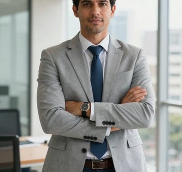 A portrait of a confident Brazilian executive in professional attire standing in a bright, modern office building in São Paulo, natural morning light, professional and authoritative mood, light gray and navy blue tones.