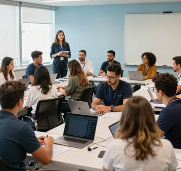 A wide shot of a professional development workshop taking place in a contemporary conference room in Brazil, diverse group of professionals collaborating, bright interior, modern office aesthetic with light blue accents.