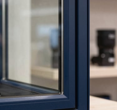 A close-up shot of the corner of a high-quality impact window frame in a North American / Florida showroom, showing the thick multi-pane glass and robust midnight blue frame, polished and modern aesthetic, soft studio lighting.