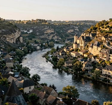 A wide-angle landscape shot of the scenic Dordogne river valley near Souillac in Lot 46, Southern France, capturing the warm morning light on historical stone architecture.