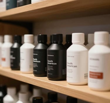 A detailed close-up of high-quality retail products neatly displayed on a wooden shelf, soft sunlight, professional South American commercial setting.