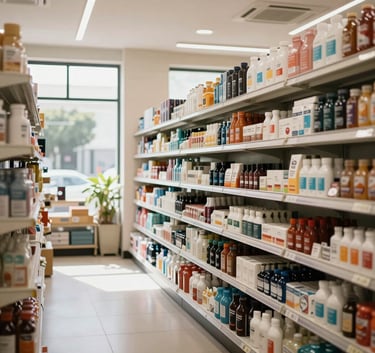 A clean and modern retail store interior in Brazil, showing organized shelves with diverse consumer products, bright natural lighting through large windows, and a professional, welcoming atmosphere.