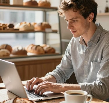Behind-the-scenes action shot: A digital strategist working on a laptop in a sun-drenched artisan bakery. A rustic loaf of bread and a cup of coffee are on the table. The mood is professional yet warm, emphasizing the 'down-to-earth' agency style.