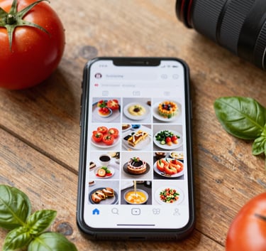 A sophisticated social media flat lay on a rustic wooden table. Features a high-end smartphone showing a curated Instagram grid of food, surrounded by a ripe tomato (#9B2226), fresh basil, and a professional camera lens. Natural, warm morning light, Scandinavian minimalism.