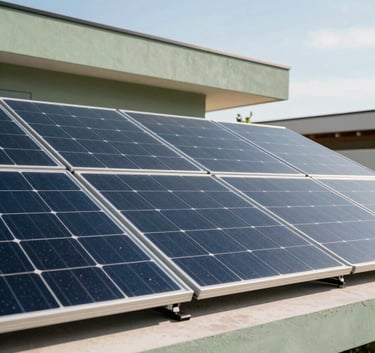 A close-up of a high-efficiency solar panel installation on a modern South American / Brazilian home. The sky is clear, reflecting a bright day. The composition highlights the sleek, modern design with Muted Sage Green landscape details in the background.