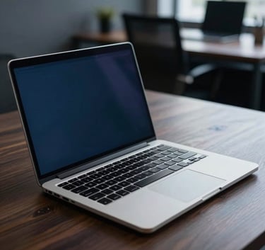 Minimalist high-end laptop on a dark wood desk, soft focus on the keyboard, atmospheric navy blue lighting, North American office interior.