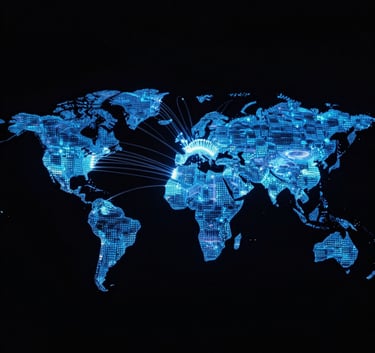Macro photography of glowing blue data nodes and interconnected fiber optic lines on a dark black background, representing global connectivity.
