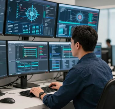 A North American IT specialist in a professional setting, looking at a wall of monitors displaying network security data in a modern office with medium blue and off-white accents.
