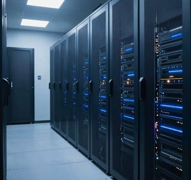A professional wide-angle shot of a futuristic, secure North American server room with dark blue panels and soft light blue ambient lighting, reflecting a sense of advanced security.