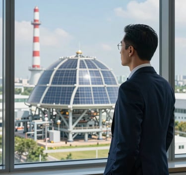 A professional in a modern International / Global office looking through a window at an energy facility, emphasizing strategic vision and planning, with a palette of deep navy and steel blue.