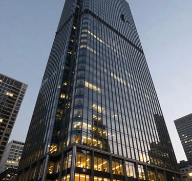 A wide-angle shot of a modern glass high-rise in an International / Global financial district during twilight, with soft gold interior lights reflecting on the deep navy steel and glass architecture.