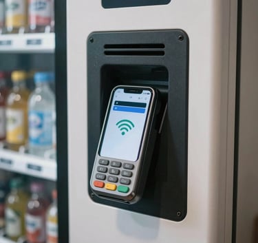 Close-up of a modern vending machine interface showing a credit card reader and mobile payment contactless symbol, set in a North American business environment, sharp focus, clean and professional.