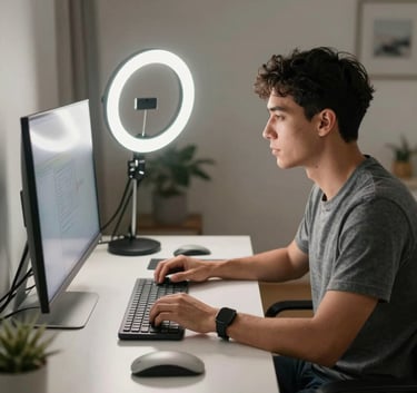 A side view of a focused creator working at a clean, white desk with a large monitor and ring light, located in a contemporary North American apartment.