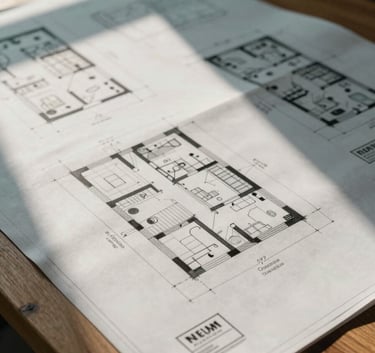 Professional architectural blueprints spread across a wooden table, illuminated by natural morning light, featuring muted teal and off-white color tones.
