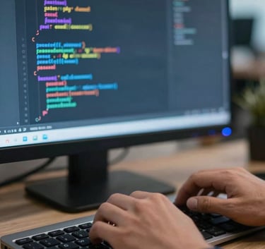 A close-up shot of professional hands typing on a sleek keyboard in a modern Latin American / Spanish office. On the screen, colorful code is visible, illuminated by a Soft Blue light, representing expert web development.