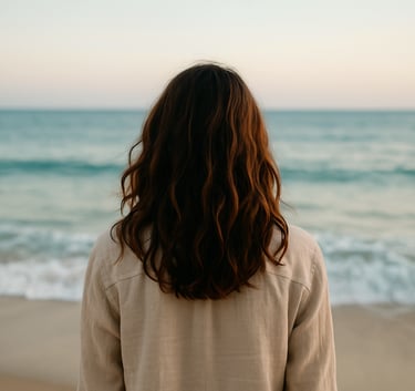 a woman standing on a beach with her back to the camera