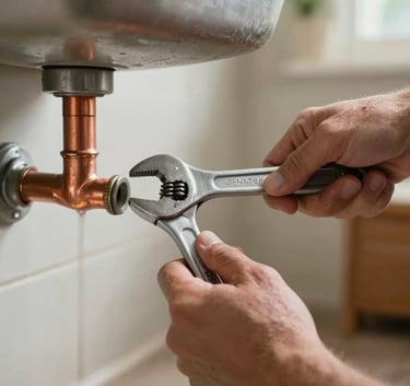 A professional plumber's hands using a wrench on a copper pipe under a sink, North American / US residential setting, crisp details, natural daylight, soft bokeh background.