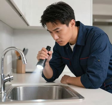 A focused North American / US plumber in a clean dark blue uniform inspecting a kitchen sink with a flashlight, professional lighting, modern kitchen setting, clean and trustworthy feel.