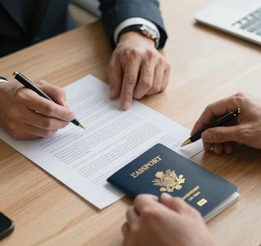 A close-up shot of professional hands reviewing legal documents and a passport on a minimalist wooden desk, North American / International Business context, professional and focused atmosphere.
