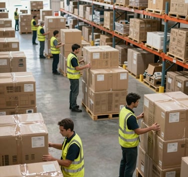High-angle view of a clean, organized logistics warehouse in South America with professional workers in safety vests moving cargo, bright and modern lighting.