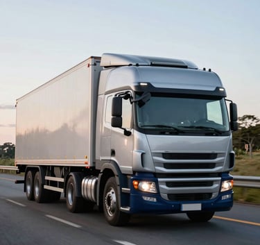 A modern semi-truck driving on a scenic highway in Brazil during the afternoon, clean lines, silver and navy blue tones, emphasizing speed and efficiency.