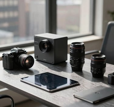 A professional creative workspace in a US city. A sleek desk features high-end design equipment and a tablet. Natural sunlight streams through a large window, highlighting a sophisticated atmosphere with slate gray tones.