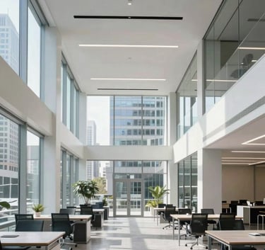 A wide-angle shot of a bright, modern office in a North American city. High ceilings, glass walls, and minimalist furniture. The lighting is natural and crisp. Soft accents of deep charcoal and cloud gray are visible.