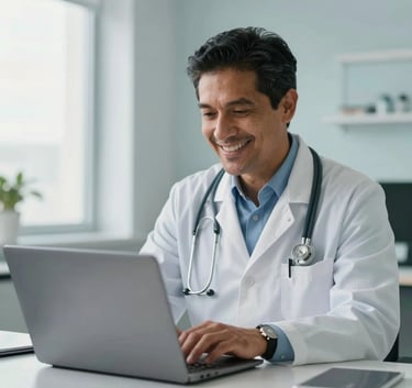 A professional South American doctor in a bright, modern office, smiling warmly while looking at a laptop. Soft natural lighting, professional medical setting with pale blue and white colors.