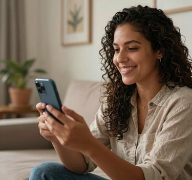 A South American person in their living room, smiling and holding a smartphone during a video medical consultation. Comfortable and warm Brazilian home atmosphere.