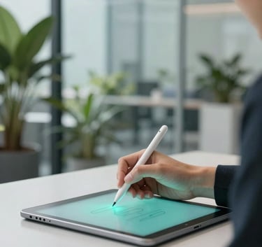 A professional in a bright, modern glass office using a stylus on a sleek tablet. A digital signature line is illuminated in soft #84B1A8 teal. The background features lush indoor greenery, symbolizing a paperless, sustainable corporate environment.