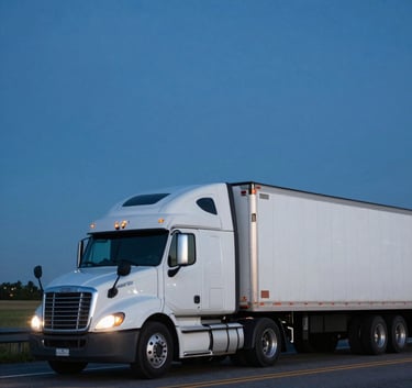 A modern semi-truck with a clean white trailer driving on an open North American highway, dusk lighting with deep blue and medium blue sky tones.