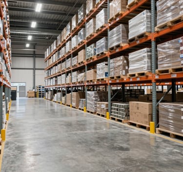 A vast, modern North American warehouse interior with organized high-bay shelving and clean concrete floors, bright professional lighting.