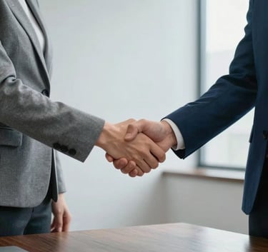 Two people shaking hands over a polished dark wood desk in a bright office, conveying trust and professionalism, with sky grey and steel blue professional attire.