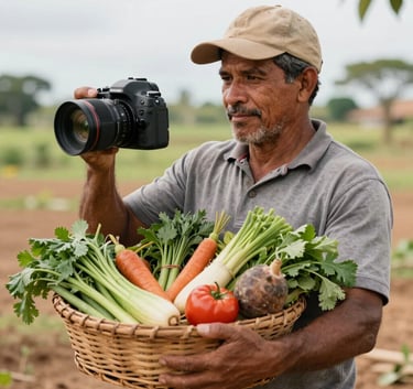 A Brazilian local farmer showing a basket of fresh organic produce to a digital camera, bright natural lighting, authentic rural setting.