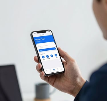 A professional in a modern Global / Tech Industry office environment, holding a smartphone showing a user-friendly interface. Soft white background, accents of classic blue, professional studio lighting, clean composition.