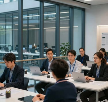 A collaborative group of tech experts in a Global / Tech Industry innovation hub. Modern architecture with steel blue glass panels and soft white desks, soft and clean high-end photography.